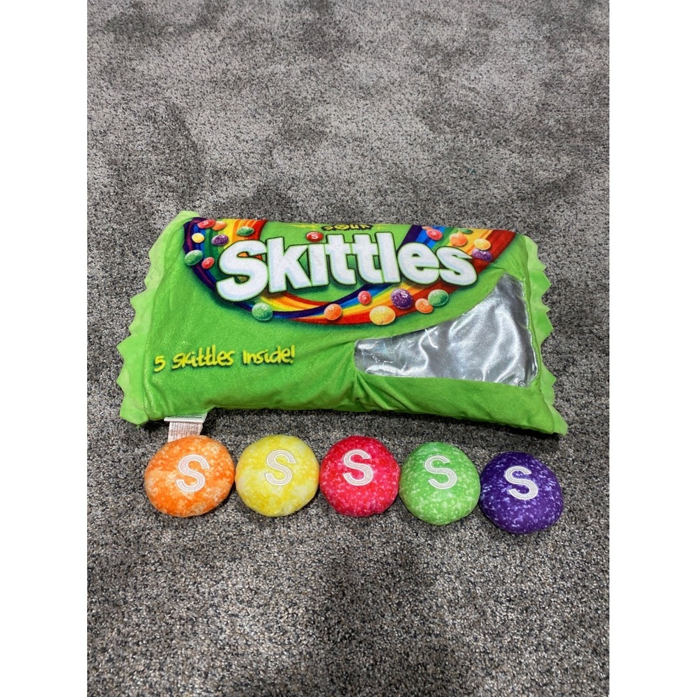 Sour Skittles Plush Candy Bag Pillow with 5 Removable Plush Skittles Green Pouch